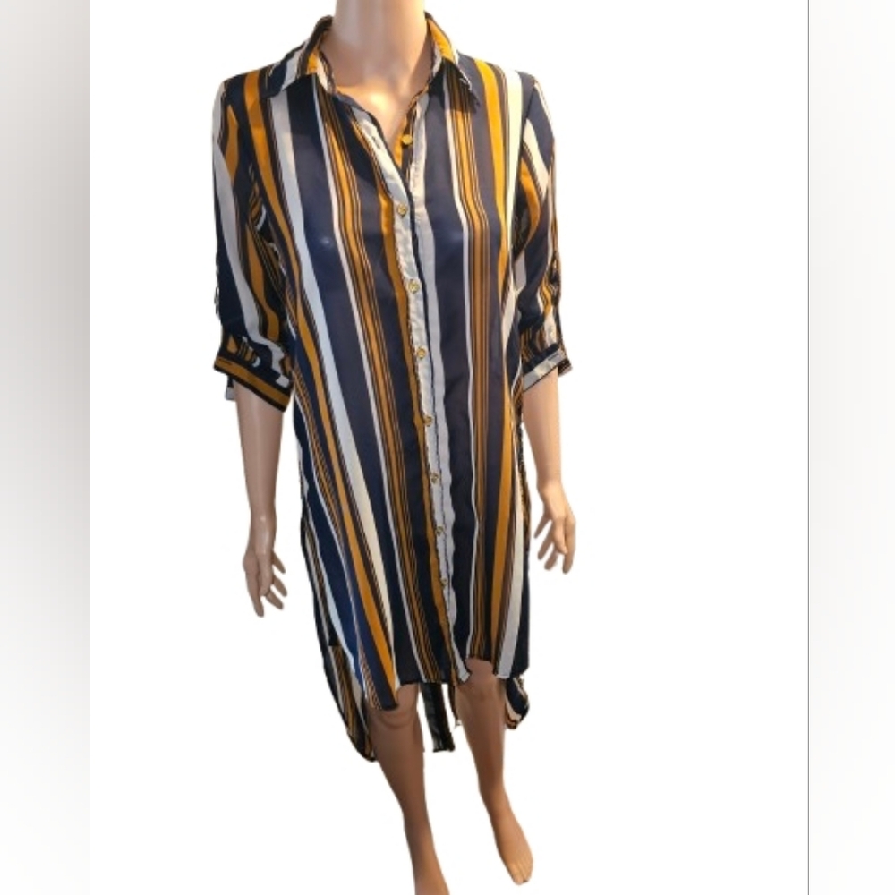 Navy White and Mustard Striped High Low Tunic Blouse S